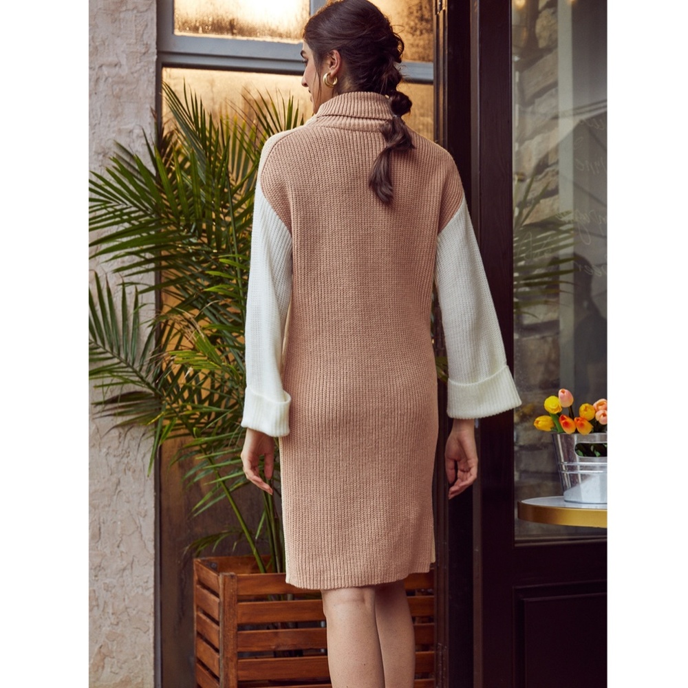 Colorblock Knit Sweater Dress Turtleneck - Picture 12 of 16